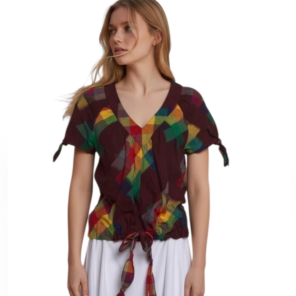 Marc Jacobs Patchwork Multi-color Burgundy V-Neck Short Sleeve Blouse Size 4